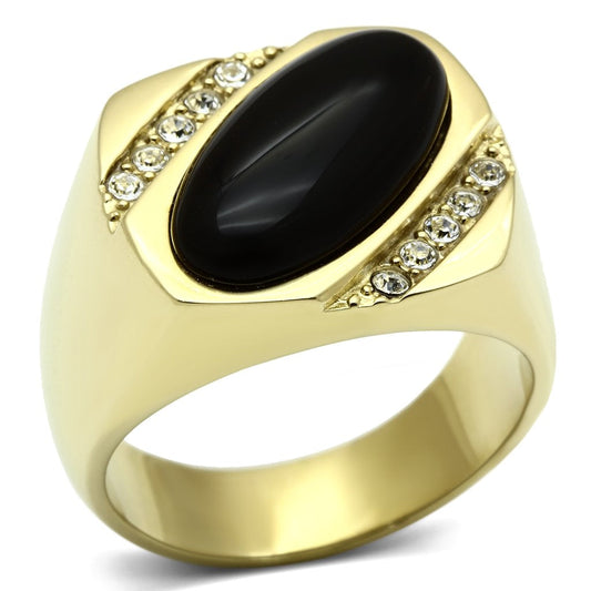 MATK716 - IP Gold(Ion Plating) Stainless Steel Ring with Semi-Precious Onyx in Jet