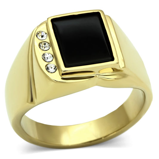 MATK722 - IP Gold(Ion Plating) Stainless Steel Ring with Semi-Precious Onyx in Jet