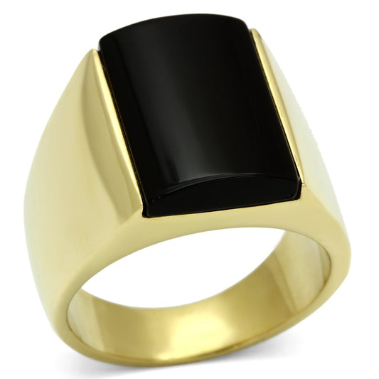 MATK726 - IP Gold(Ion Plating) Stainless Steel Ring with Semi-Precious Onyx in Jet