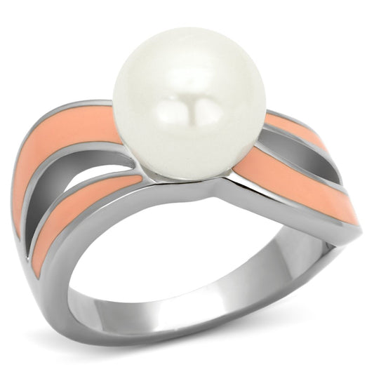 MATK810 - High polished (no plating) Stainless Steel Ring with Synthetic Pearl in White