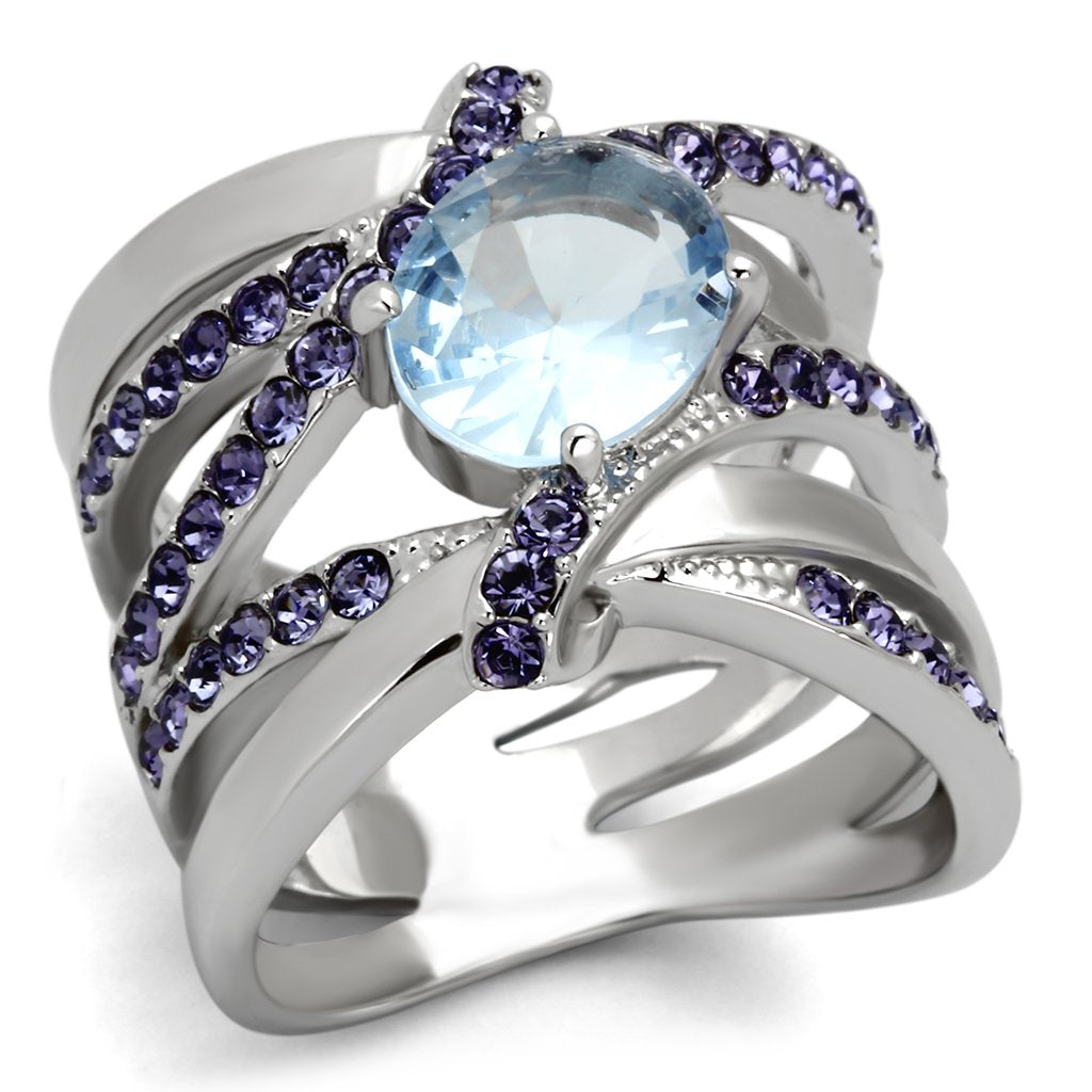 MATK865 - High polished (no plating) Stainless Steel Ring with Synthetic Synthetic Glass in Light Sapphire
