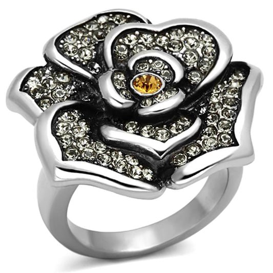 MATK924 - High polished (no plating) Stainless Steel Ring with Top Grade Crystal  in Topaz
