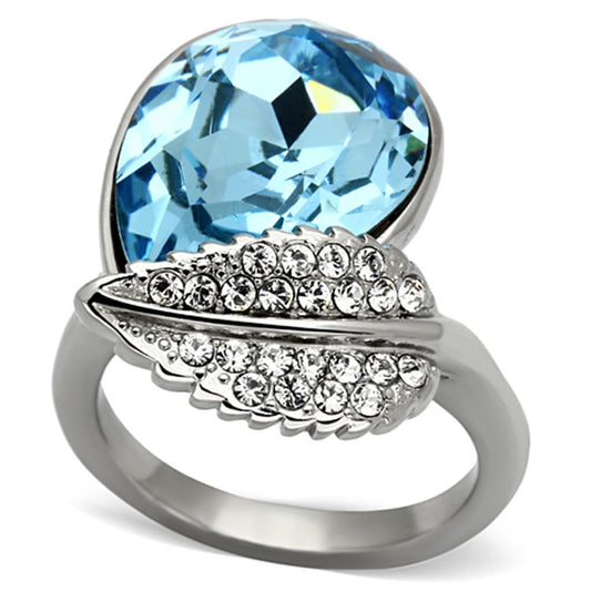 MATK930 - High polished (no plating) Stainless Steel Ring with Top Grade Crystal  in Sea Blue