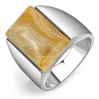 MATK947 - High polished (no plating) Stainless Steel Ring with Semi-Precious Agate in Brown