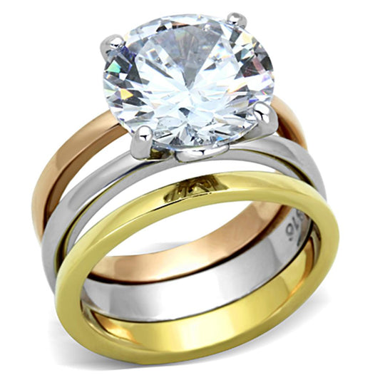 MATK963 - Three Tone (IP Gold & IP Rose Gold & High Polished) Stainless Steel Ring with AAA Grade CZ  in Clear