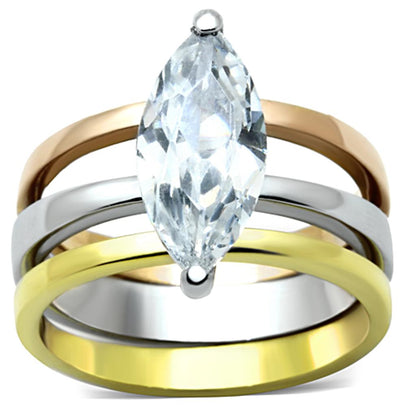 MATK964 - Three Tone (IP Gold & IP Rose Gold & High Polished) Stainless Steel Ring with AAA Grade CZ  in Clear