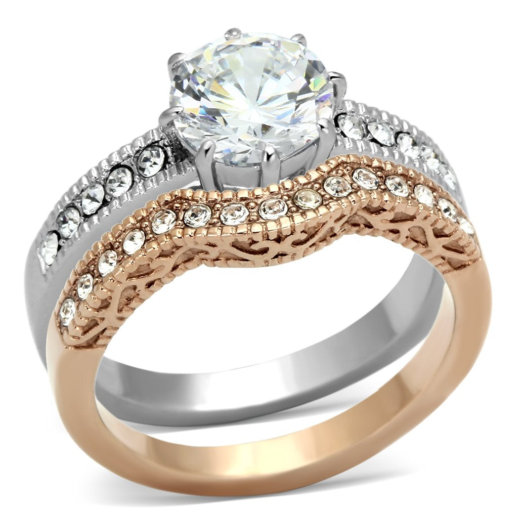 MATK966 - Two-Tone IP Rose Gold Stainless Steel Ring with AAA Grade CZ  in Clear