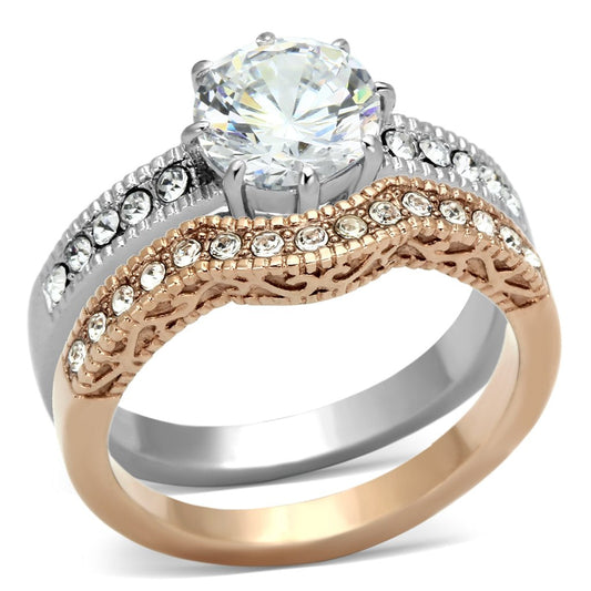 MATK966 - Two-Tone IP Rose Gold Stainless Steel Ring with AAA Grade CZ  in Clear