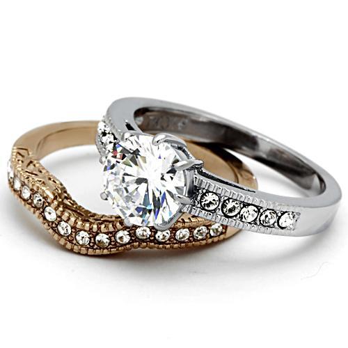 MATK966 - Two-Tone IP Rose Gold Stainless Steel Ring with AAA Grade CZ  in Clear