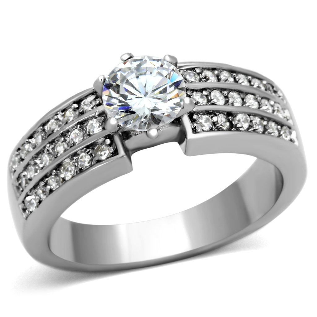 MATK997 - High polished (no plating) Stainless Steel Ring with AAA Grade CZ  in Clear