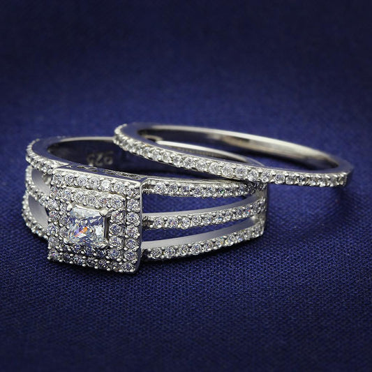 MATS003 - Rhodium 925 Sterling Silver Ring with AAA Grade CZ  in Clear