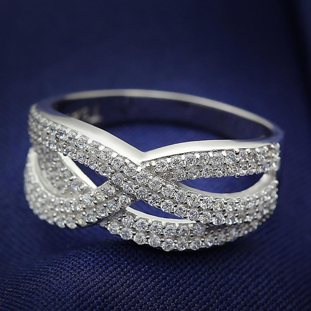 MATS008 - Rhodium 925 Sterling Silver Ring with AAA Grade CZ  in Clear