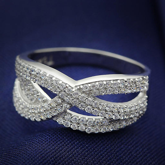 MATS008 - Rhodium 925 Sterling Silver Ring with AAA Grade CZ  in Clear