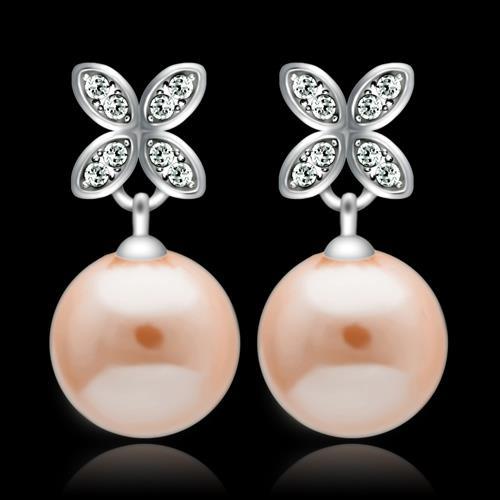 MATS040 - Rhodium 925 Sterling Silver Earrings with Synthetic Pearl in Light Rose