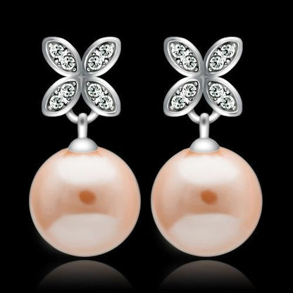 MATS040 - Rhodium 925 Sterling Silver Earrings with Synthetic Pearl in Light Rose