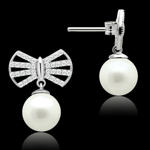 MATS063 - Rhodium 925 Sterling Silver Earrings with Synthetic Pearl in White