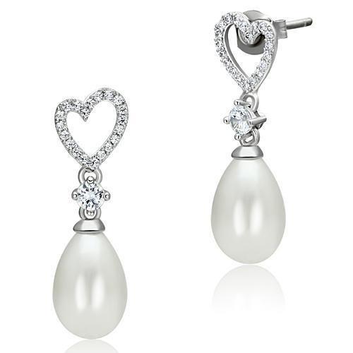 MATS064 - Rhodium 925 Sterling Silver Earrings with Synthetic Pearl in White