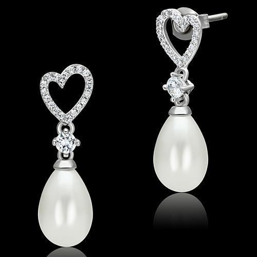 MATS064 - Rhodium 925 Sterling Silver Earrings with Synthetic Pearl in White