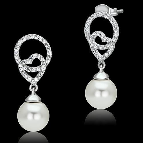MATS065 - Rhodium 925 Sterling Silver Earrings with Synthetic Pearl in White