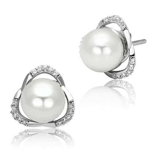 MATS066 - Rhodium 925 Sterling Silver Earrings with Synthetic Pearl in White