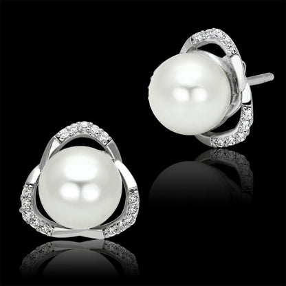 MATS066 - Rhodium 925 Sterling Silver Earrings with Synthetic Pearl in White