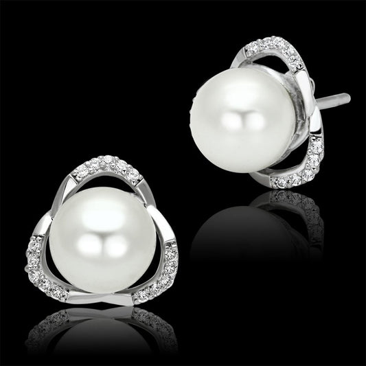 MATS066 - Rhodium 925 Sterling Silver Earrings with Synthetic Pearl in White