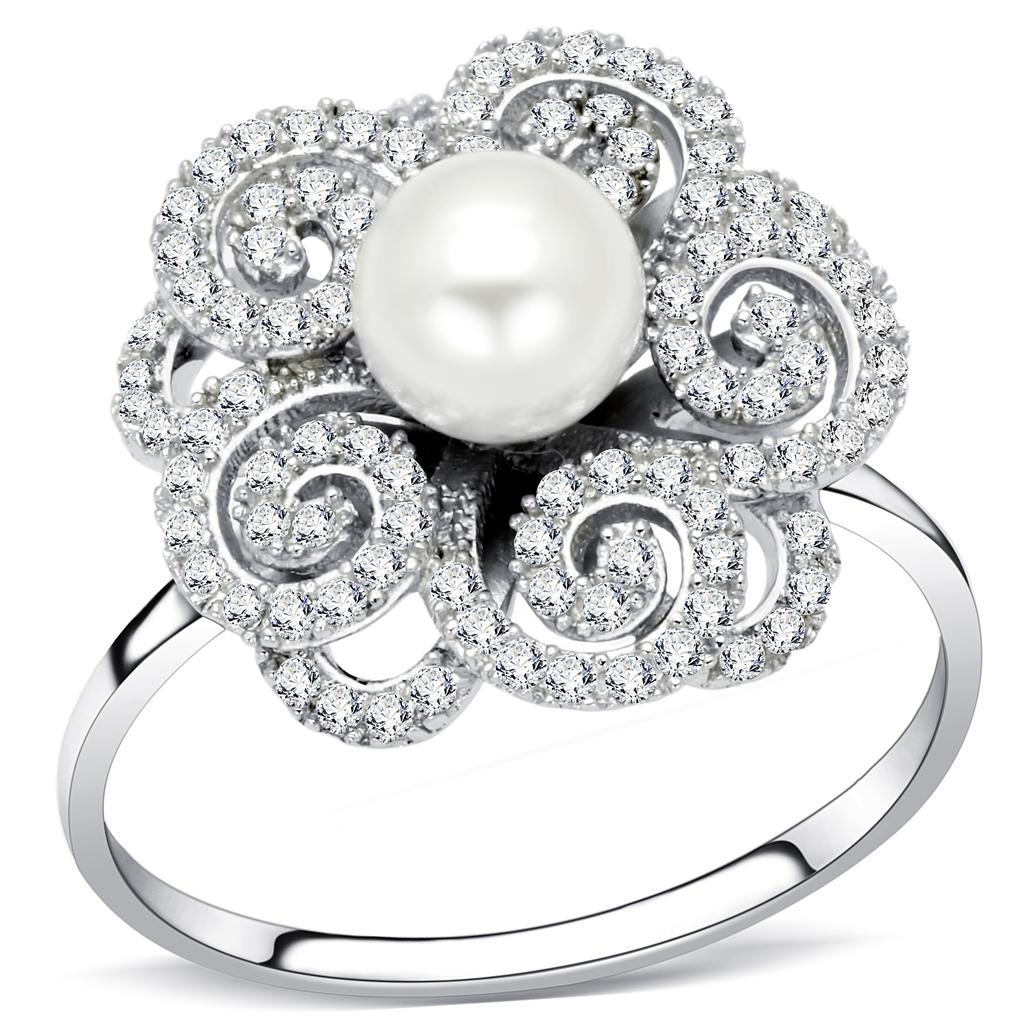 MATS070 - Rhodium 925 Sterling Silver Ring with Synthetic Pearl in White