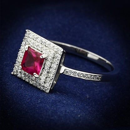 MATS102 - Rhodium 925 Sterling Silver Ring with Synthetic Corundum in Ruby