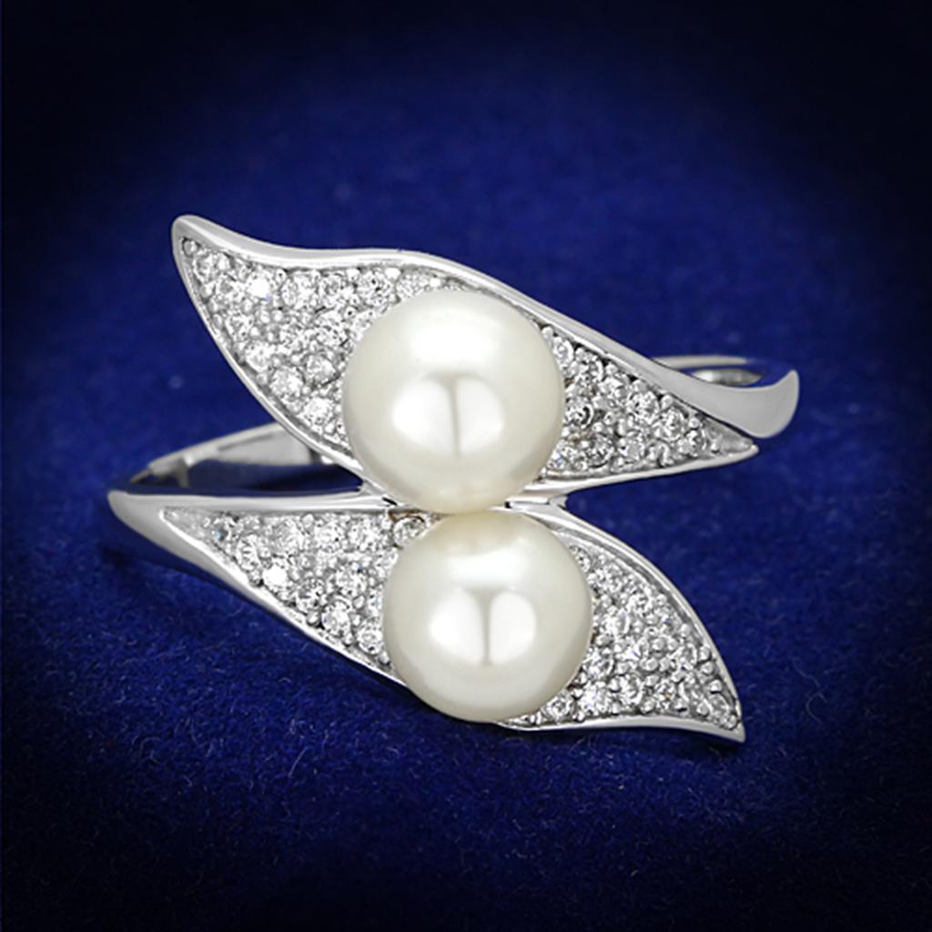 MATS124 - Rhodium 925 Sterling Silver Ring with Synthetic Pearl in Citrine Yellow