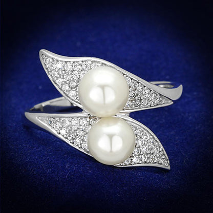 MATS124 - Rhodium 925 Sterling Silver Ring with Synthetic Pearl in Citrine Yellow