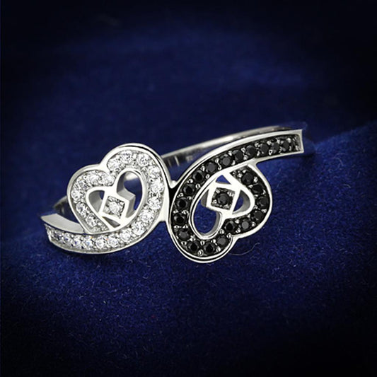 MATS125 - Rhodium 925 Sterling Silver Ring with AAA Grade CZ  in Black Diamond