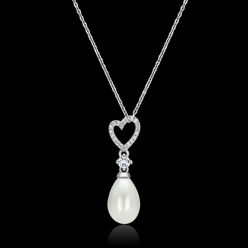MATS127 - Rhodium 925 Sterling Silver Necklace with Synthetic Pearl in White