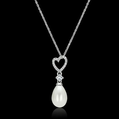 MATS127 - Rhodium 925 Sterling Silver Necklace with Synthetic Pearl in White