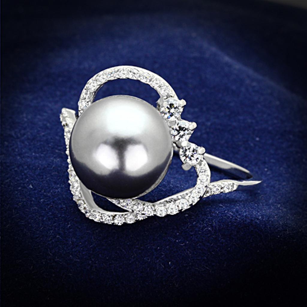 MATS153 - Rhodium 925 Sterling Silver Ring with Synthetic Pearl in Gray