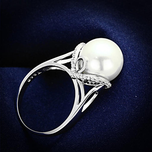 MATS154 - Rhodium 925 Sterling Silver Ring with Synthetic Pearl in White