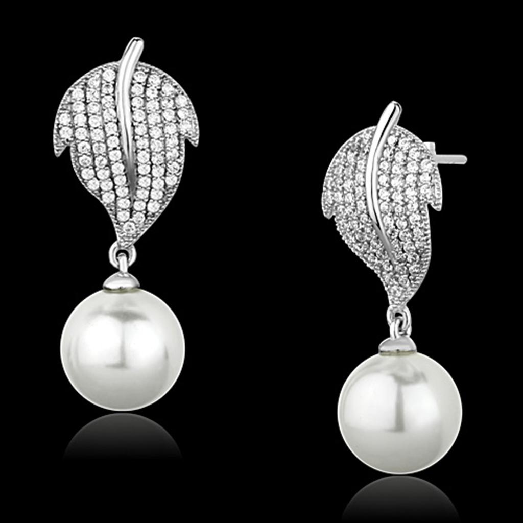 MATS166 - Rhodium 925 Sterling Silver Earrings with Synthetic Pearl in White