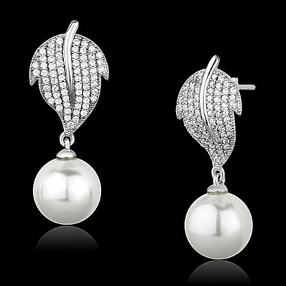 MATS166 - Rhodium 925 Sterling Silver Earrings with Synthetic Pearl in White