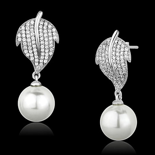 MATS166 - Rhodium 925 Sterling Silver Earrings with Synthetic Pearl in White