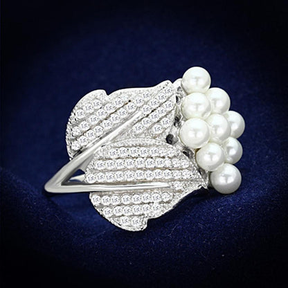 MATS167 - Rhodium 925 Sterling Silver Ring with Synthetic Pearl in White