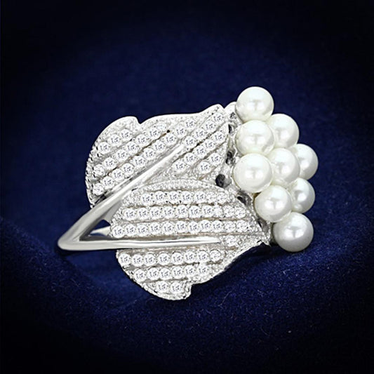 MATS167 - Rhodium 925 Sterling Silver Ring with Synthetic Pearl in White