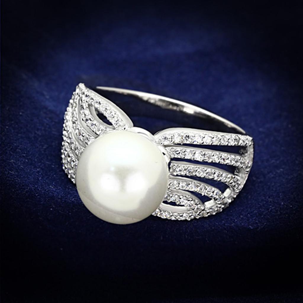 MATS169 - Rhodium 925 Sterling Silver Ring with Synthetic Pearl in White