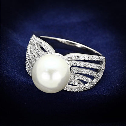 MATS169 - Rhodium 925 Sterling Silver Ring with Synthetic Pearl in White