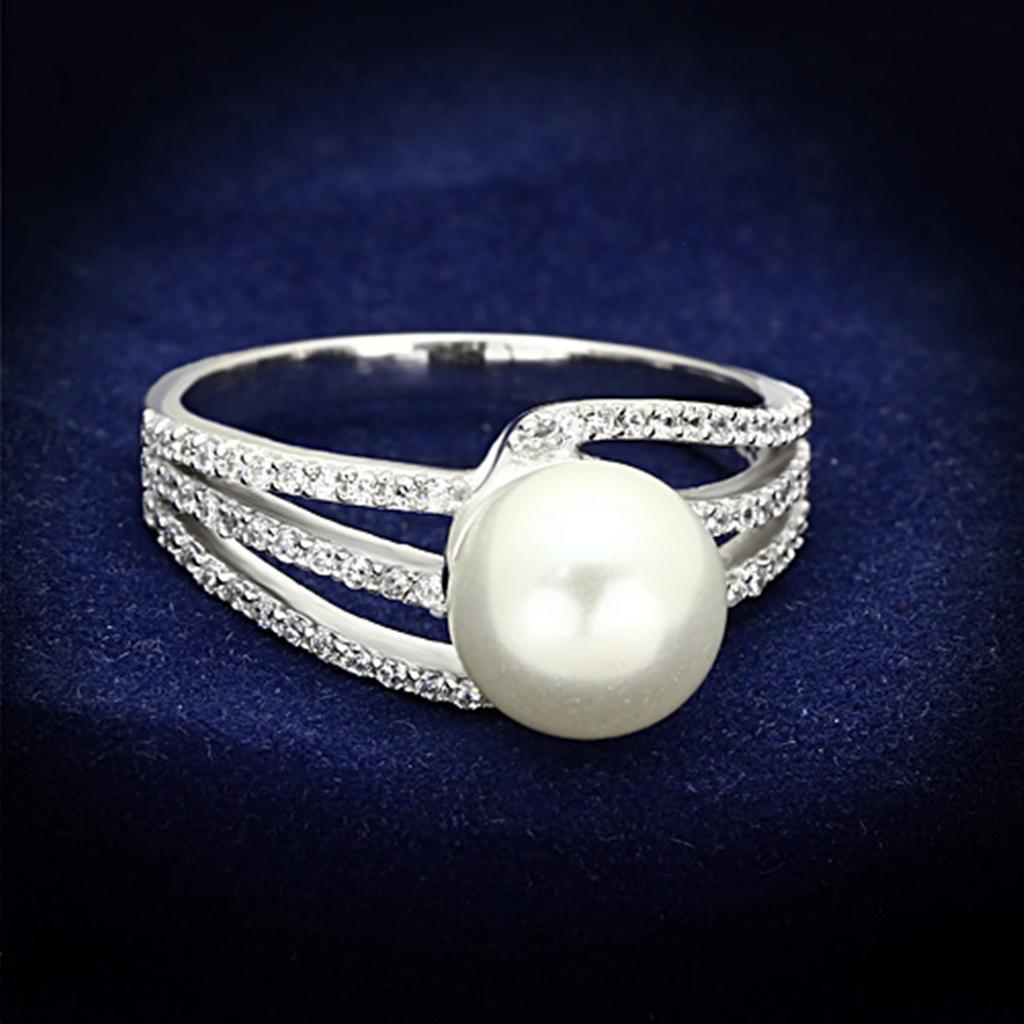 MATS170 - Rhodium 925 Sterling Silver Ring with Synthetic Pearl in White