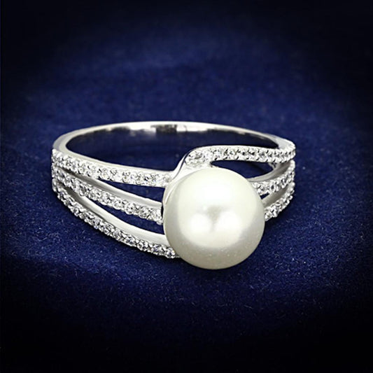 MATS170 - Rhodium 925 Sterling Silver Ring with Synthetic Pearl in White