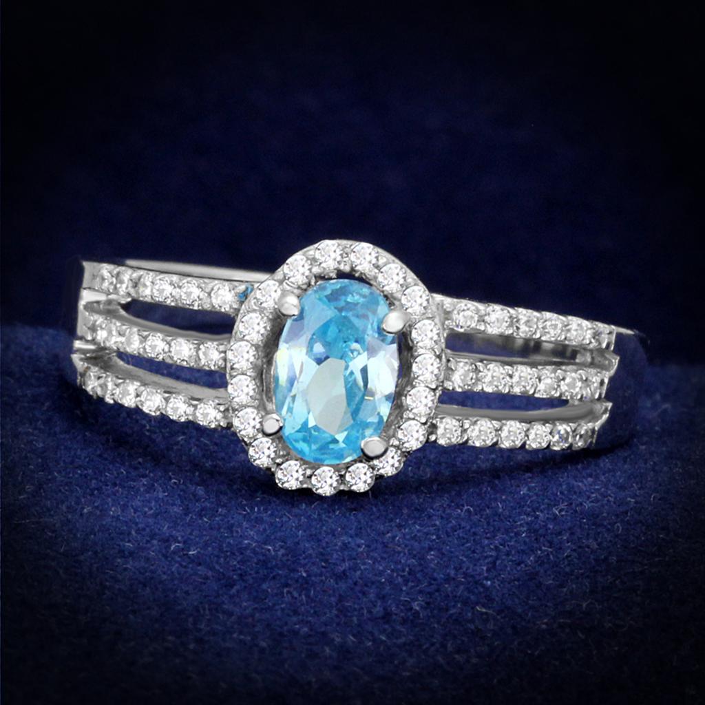 MATS184 - Rhodium 925 Sterling Silver Ring with AAA Grade CZ  in Sea Blue