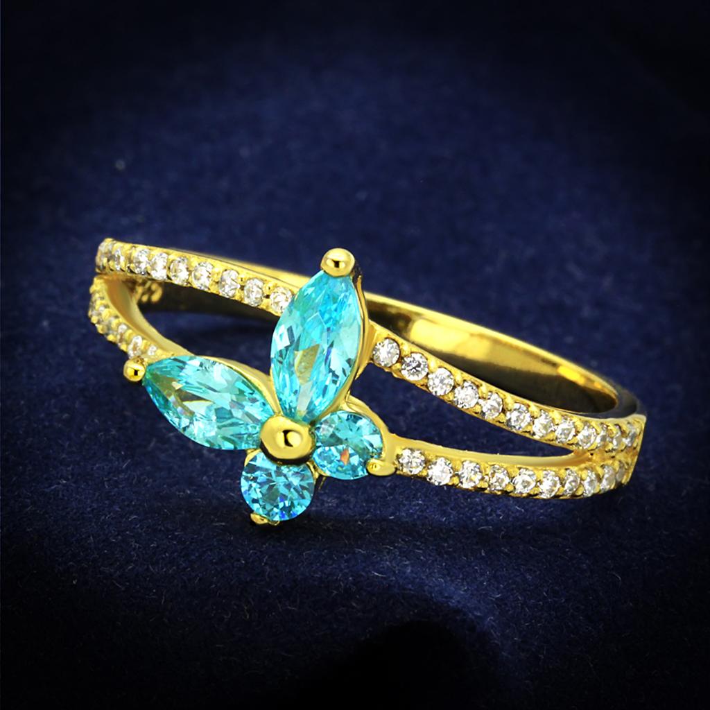 MATS249 - Gold 925 Sterling Silver Ring with AAA Grade CZ  in Sea Blue