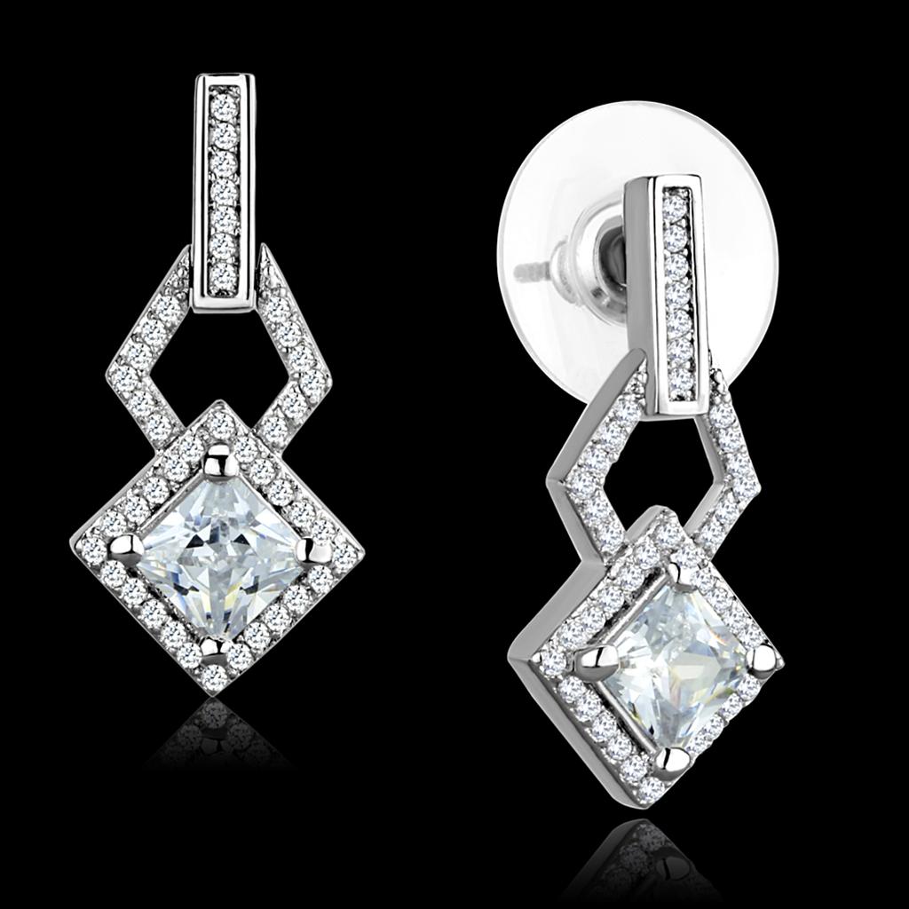MATS291 - Rhodium 925 Sterling Silver Earrings with AAA Grade CZ  in Clear