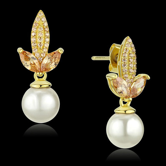 MATS298 - Gold 925 Sterling Silver Earrings with Synthetic Pearl in White