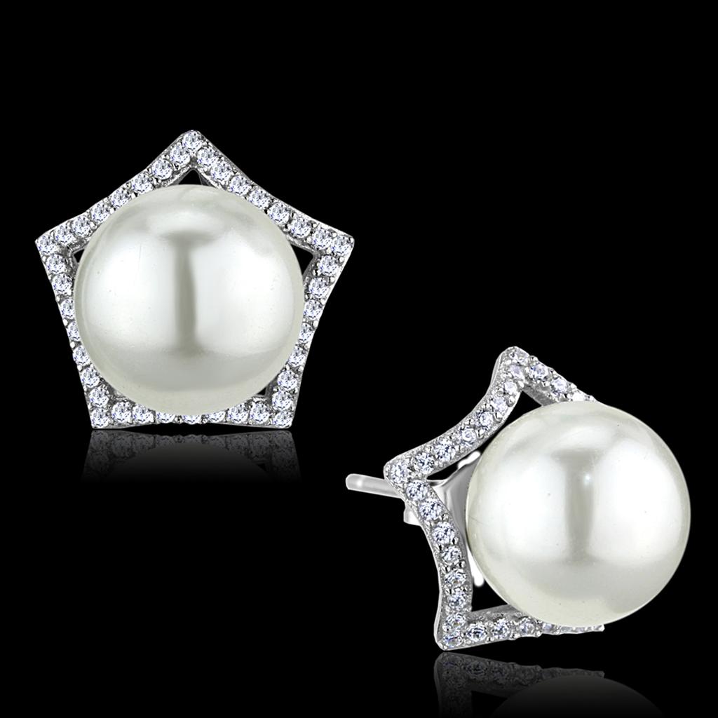 MATS300 - Rhodium 925 Sterling Silver Earrings with Synthetic Pearl in White