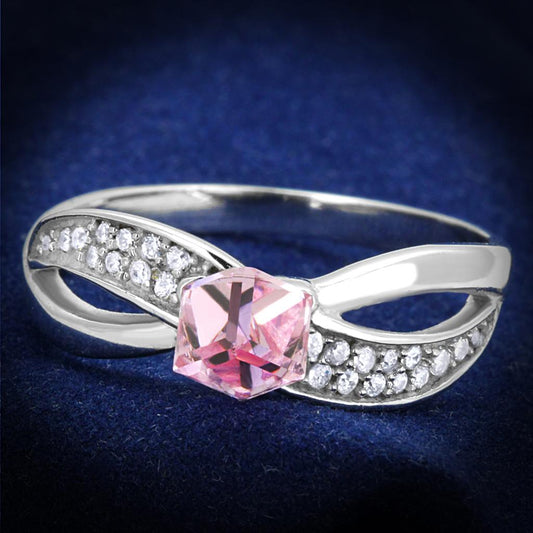 MATS313 - Rhodium 925 Sterling Silver Ring with Top Grade Crystal  in Light Rose